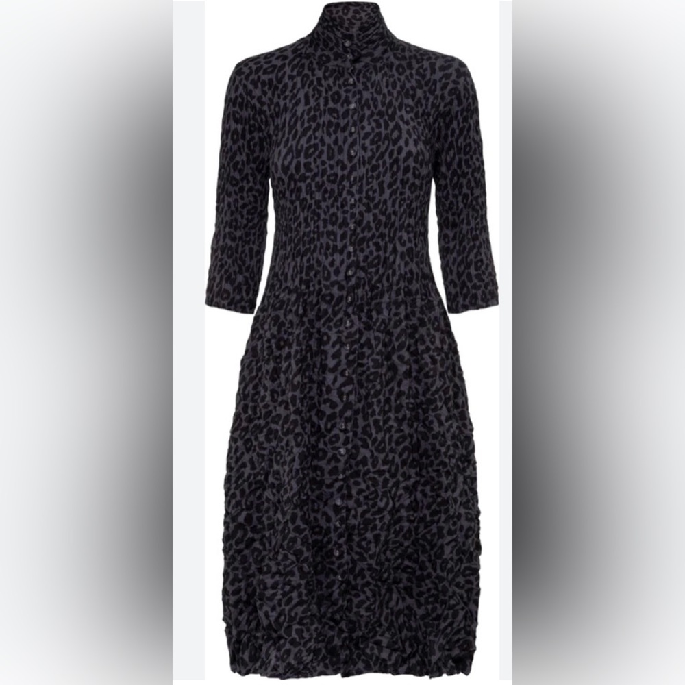 Alquema Nehru Pleated Button Front Coat Dress Gray Leopard size 2 (10-14)